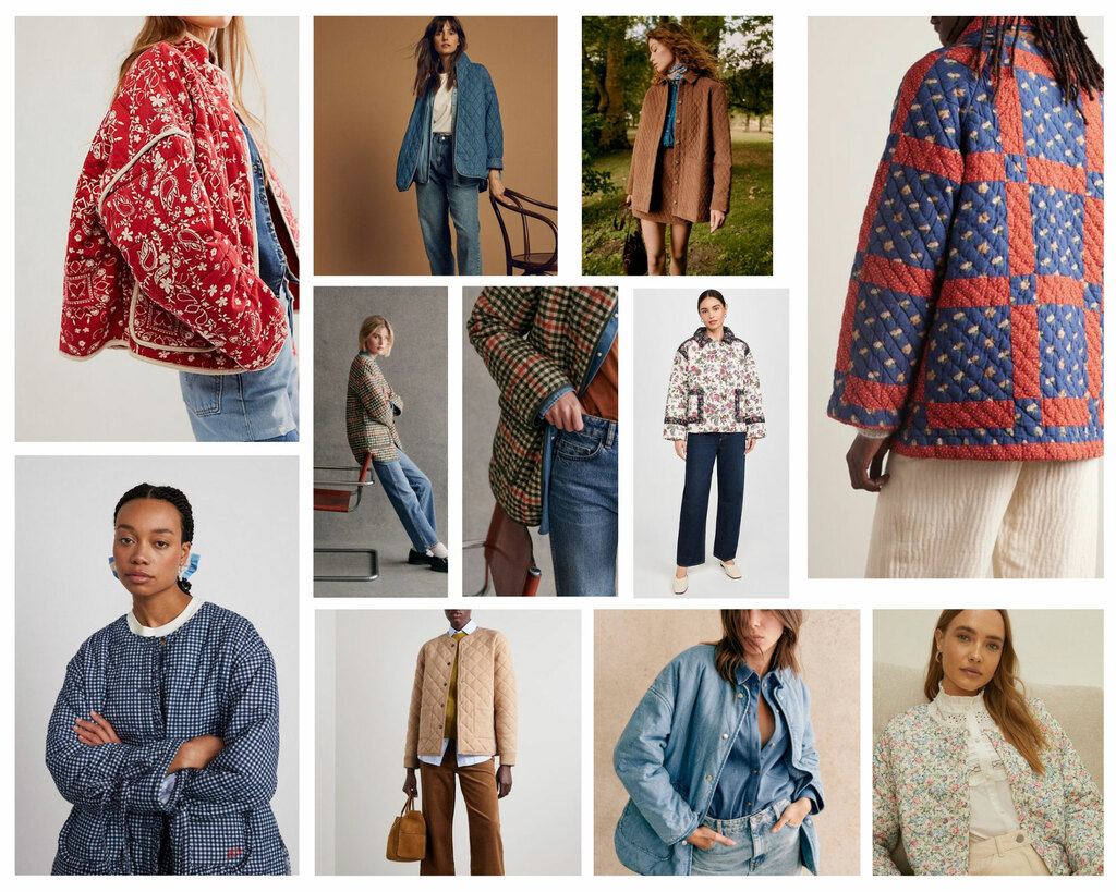 A collage of models wearing quilted jackets