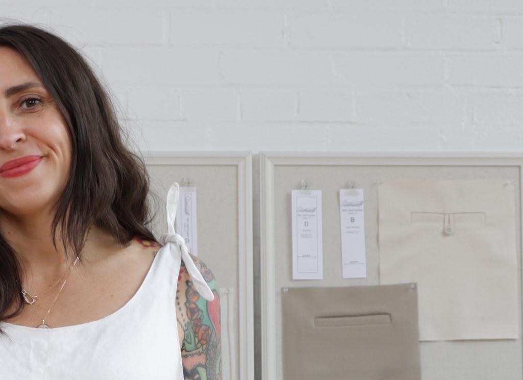 close-up of the Kari romper showing the tie shoulder detail and topstitching