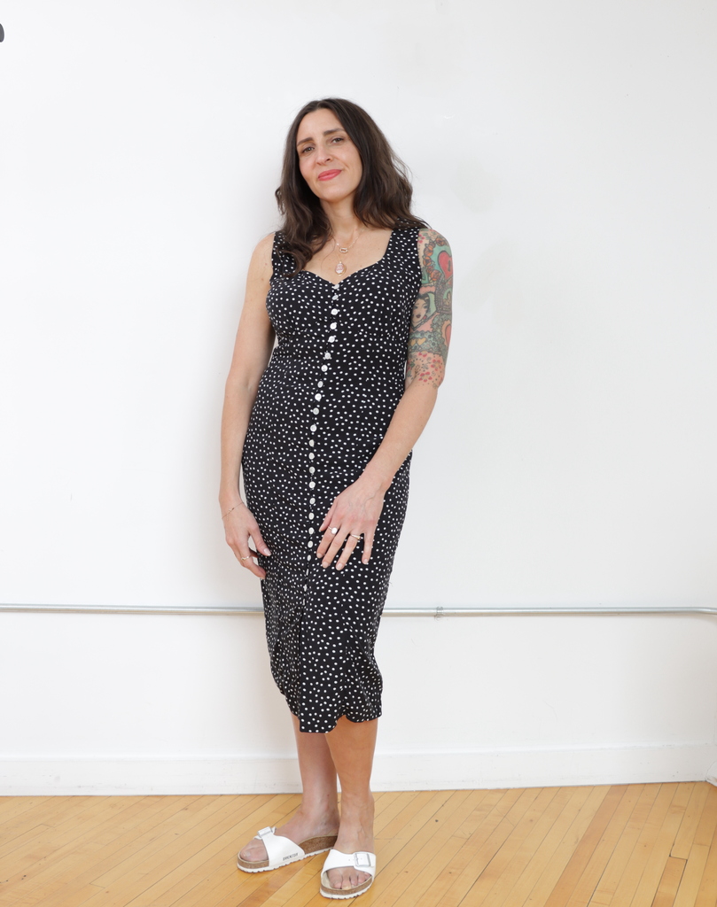 full-length photo of the completed Lilac dress showing the fit and silhouette