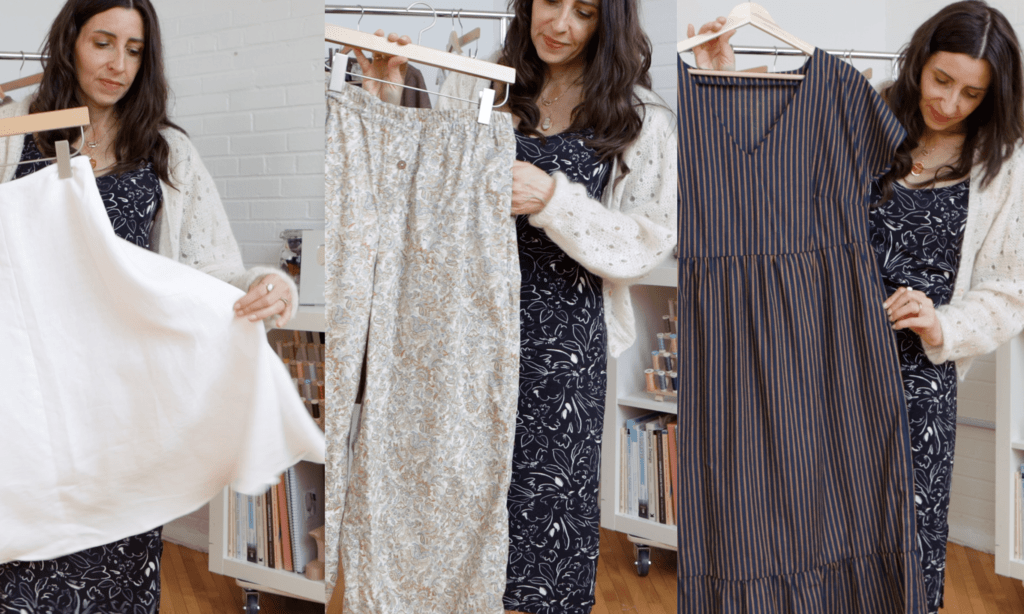 Examples of garments that work well with side seam pockets - an A-line skirt, wide-leg pants, and a flowy dress