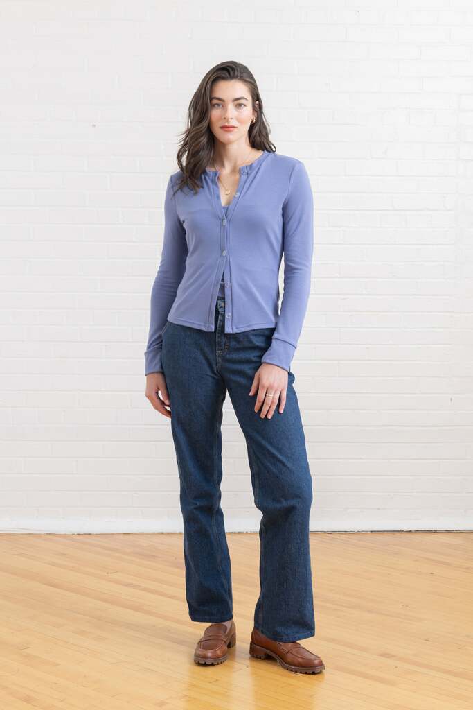 woman wearing blue fitted Fig cardigan