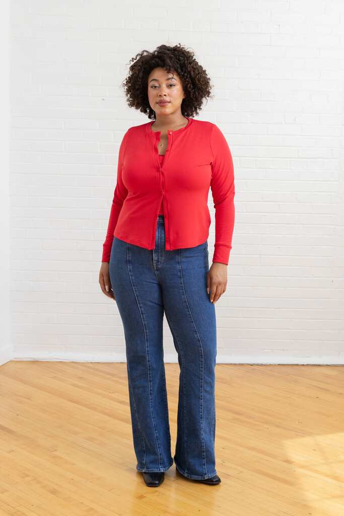 woman wearing red fitted Fig cardigan