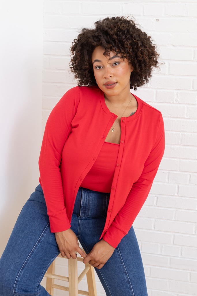 woman modeling red Fig cardigan