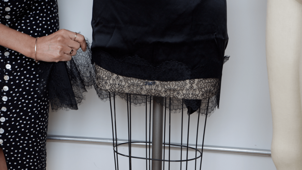 black silk charmeuse fabric with chantilly lace trim