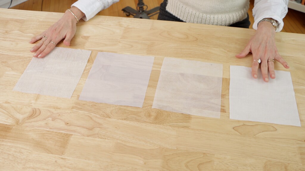 Different types of fusible interfacing samples arranged with labels