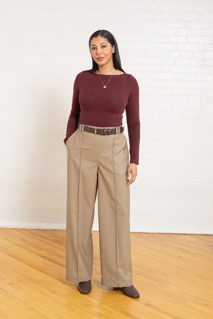 Model wearing khaki Birch trousers