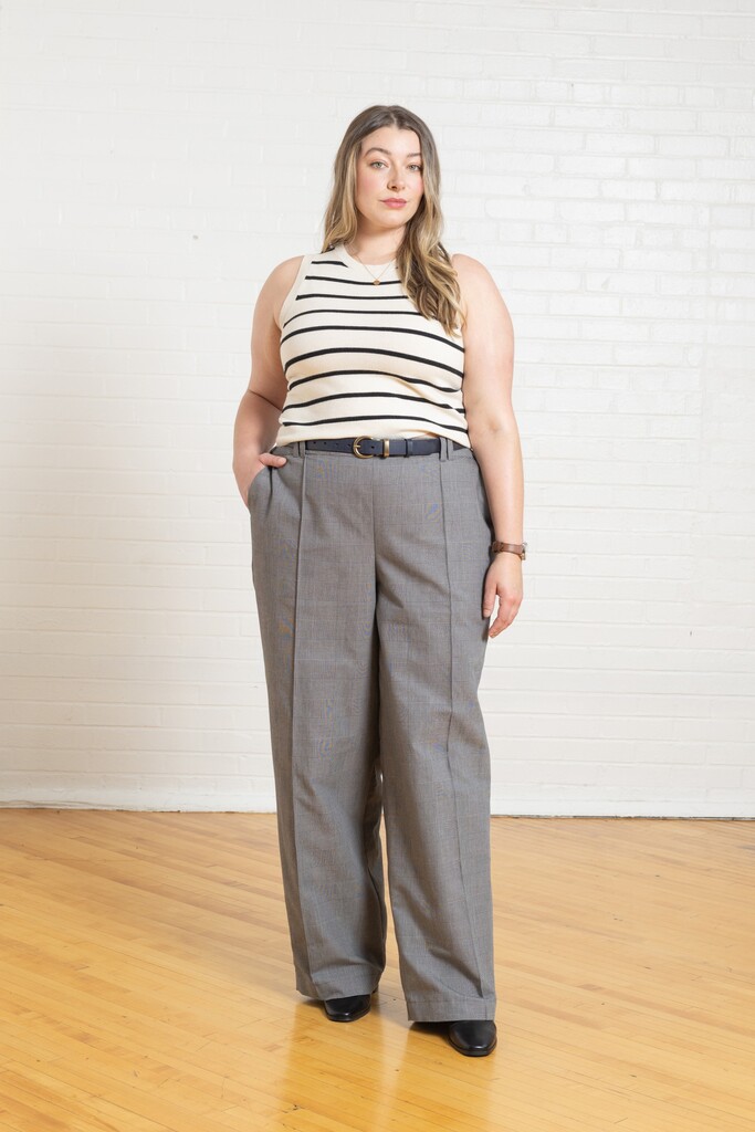 Model wearing gray Birch trousers