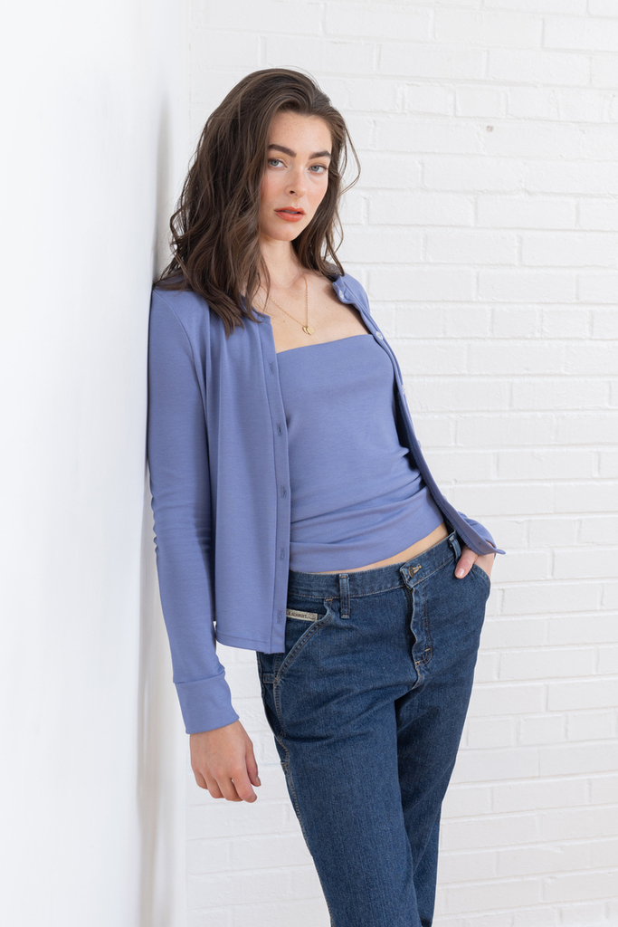 Woman modeling blue Fig cardigan