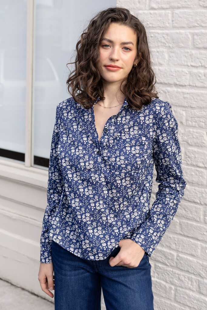 Model wearing a floral Thyme shirt