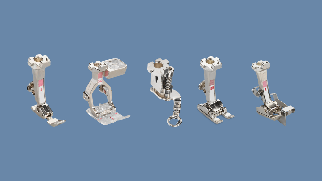Collection of five specialty presser feet arranged