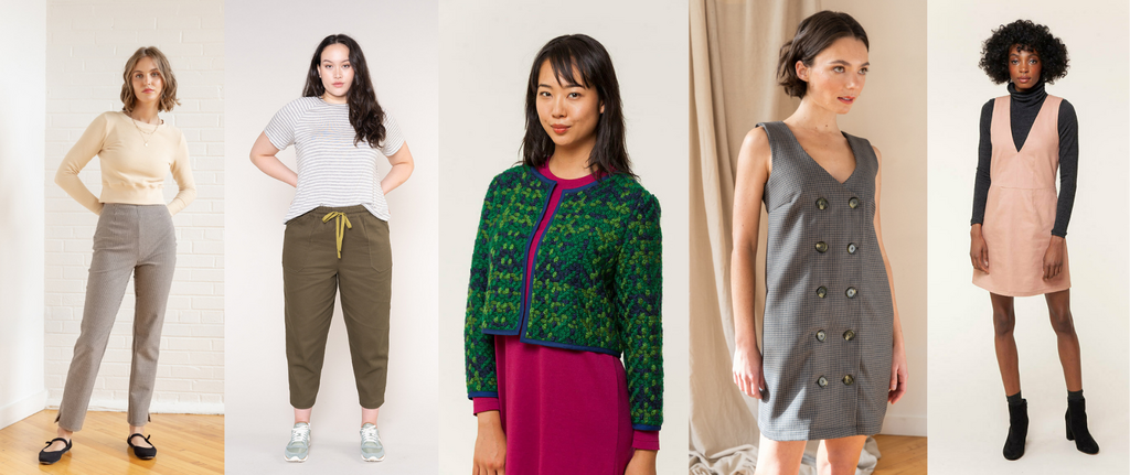 Dani pinafore, Ulla shift dress, Lilliana jacket, Witt joggers, and Lars pants