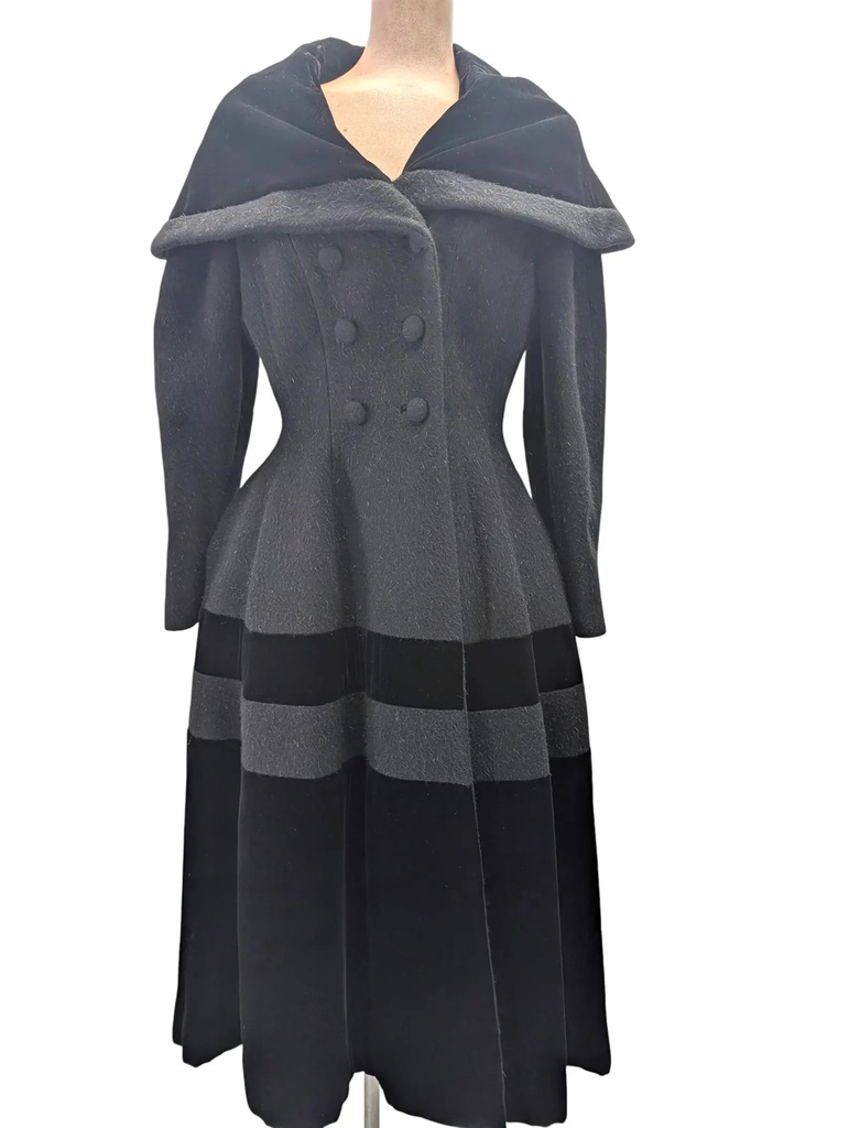 Coat showing tonal fabric blocking with wool and velvet panels