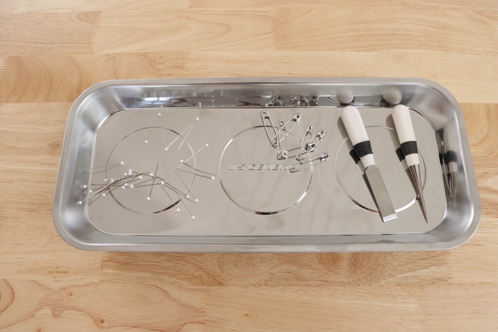 magnetic tray and dishes holding pins, small tools, and hardware