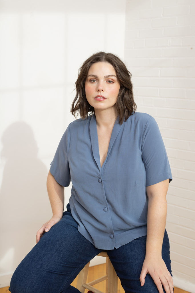 Eden shirt showing the shawl collar and A-line shape