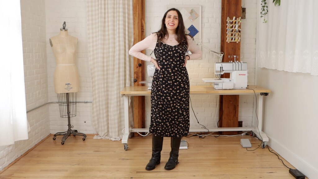 Ash slip dress layered over a turtleneck