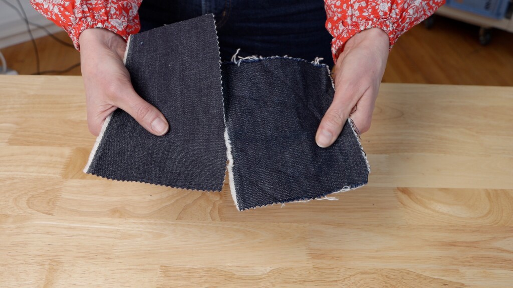 Before and after comparison of raw denim showing the difference in texture and color after pre-washing