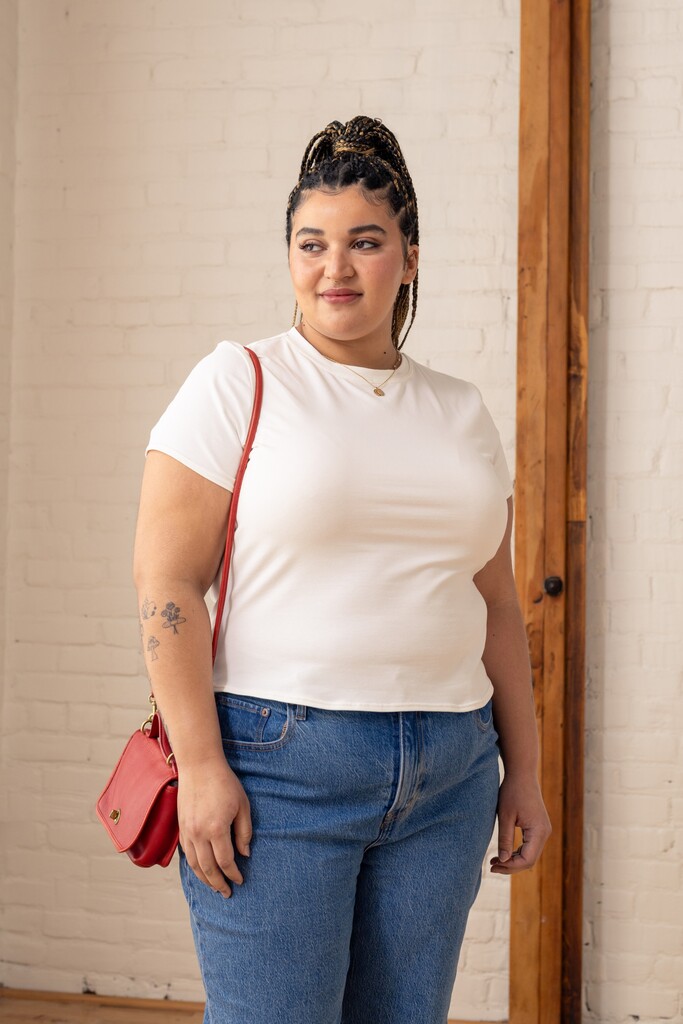Model wearing white Morgan t-shirt