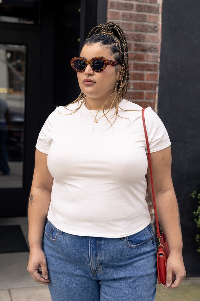 up-close of white Morgan t-shirt