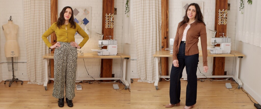 Sarai wearing the Fig cardigan styled both buttoned as a top and open as a layering piece