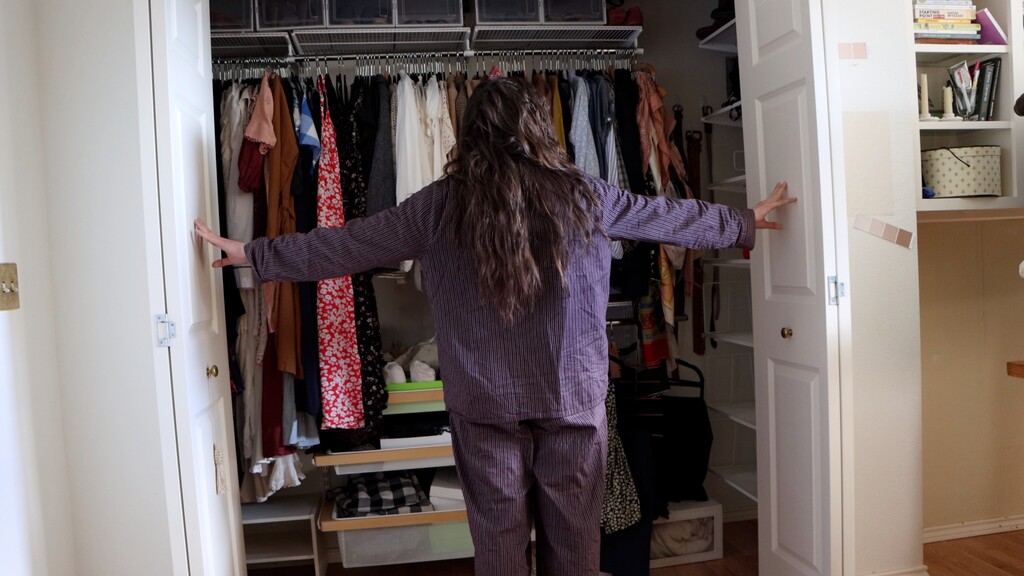 Sarai's closet showing multiple versions of the same patterns hanging together