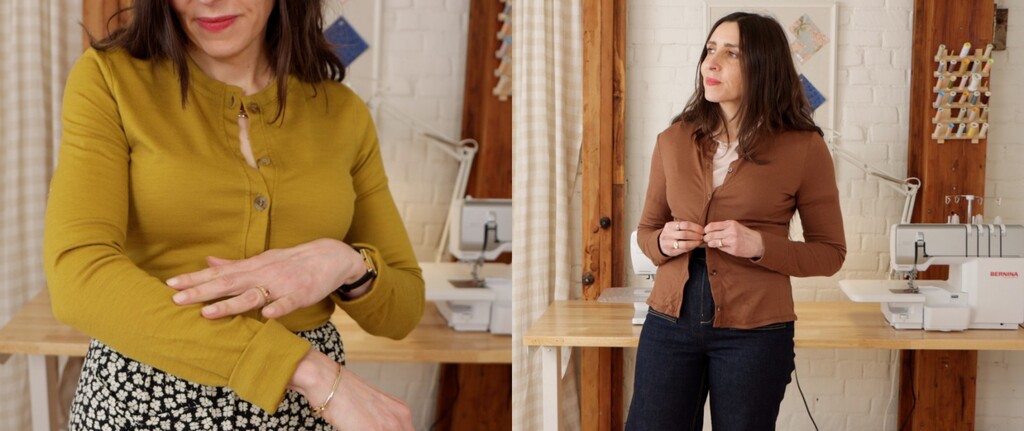 Both Fig cardigans hanging side by side showing the chocolate brown and lemongrass colors
