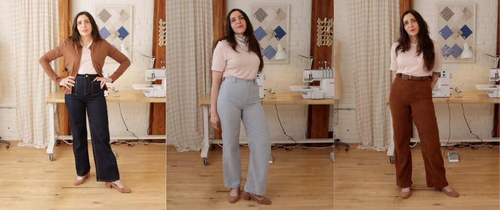 All three pairs of Chelsea jeans showing the different fabrics and colors