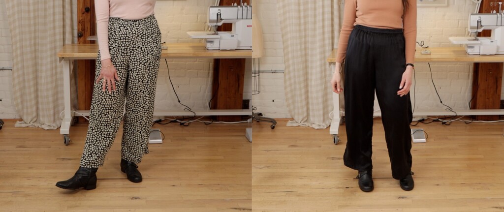 versions of Joss pants in different fabrics showing the evolution from first attempt to perfected versions