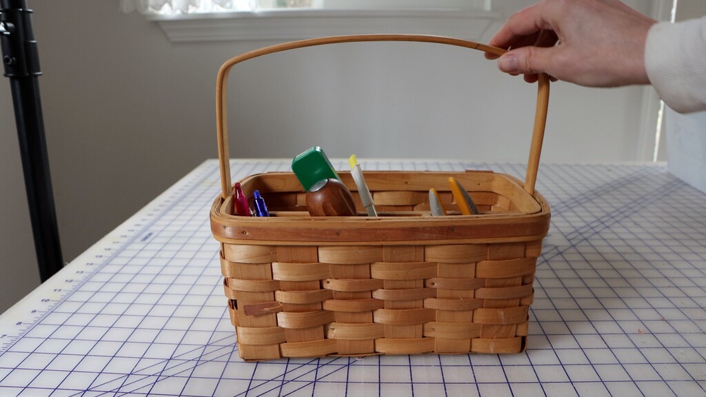 Vintage silverware caddy repurposed to hold fabric scissors, rotary cutters, and marking tools