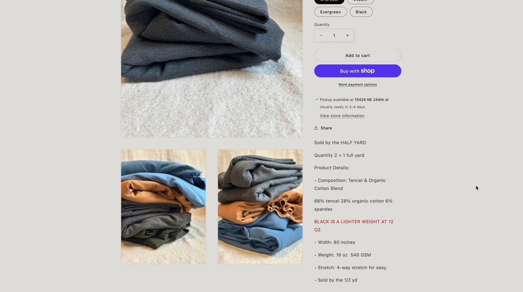 Screenshot of fabric listing showing multiple product photos