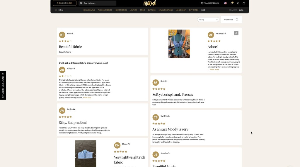 Screenshot of customer reviews on fabric website
