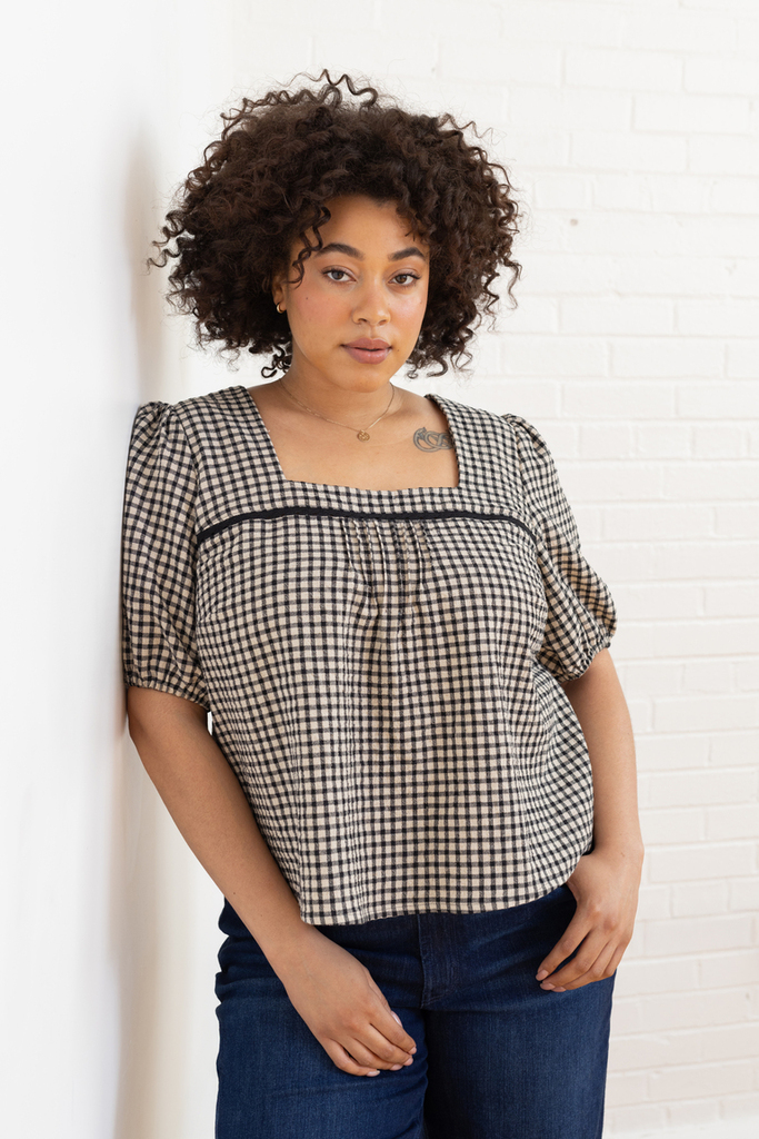 Detail shot of Bloom's pintucks and square neckline