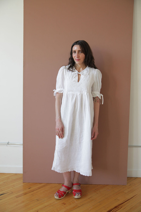 Sarai's Baker dress in white linen with lace trim