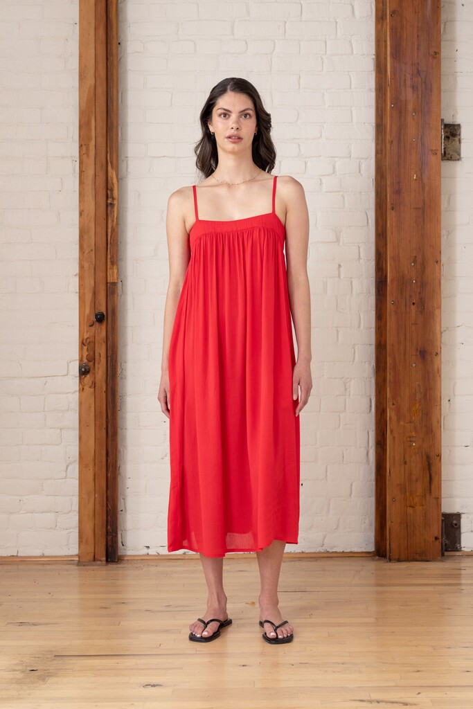 Marigold dress on Amy, front view