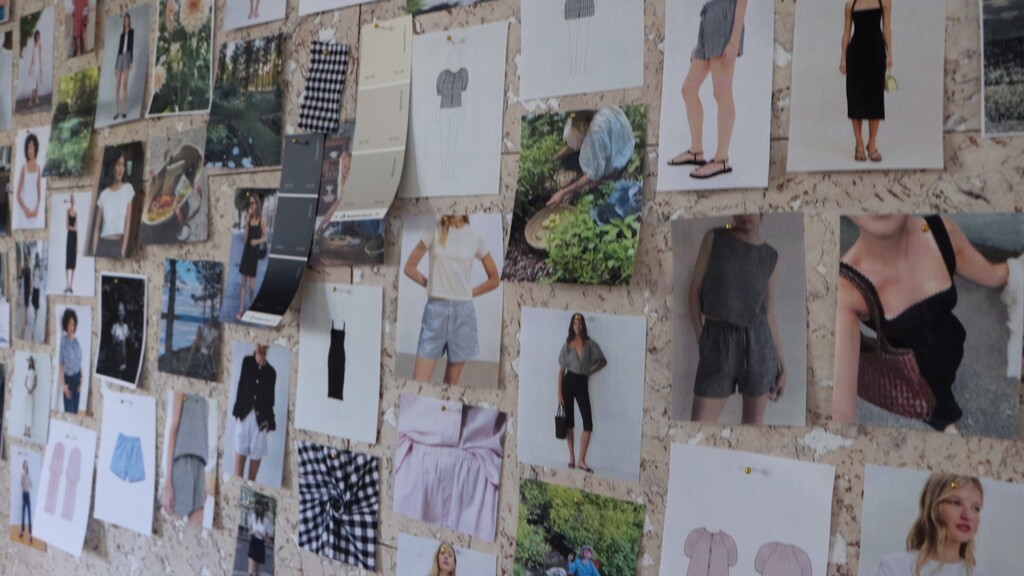 A flatlay moodboard showing gardening and outdoor lifestyle images, simple black and white clothing references, and Pam Anderson-inspired casual summer style