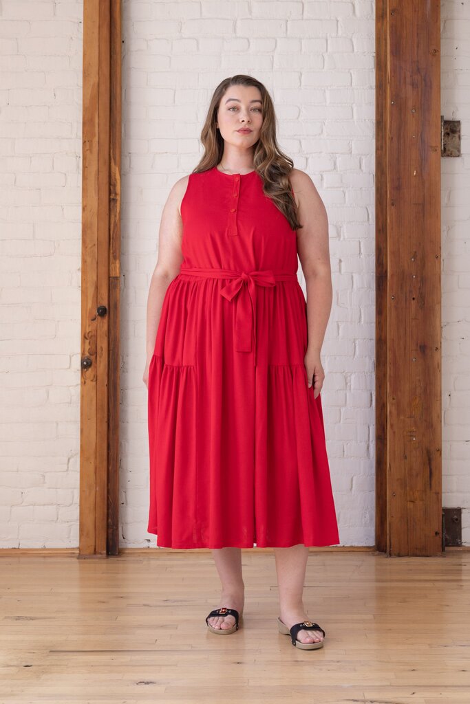 Model wearing a red Rosemary bonus variation