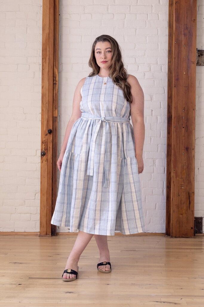 Model wearing a blue checkered Rosemary dress