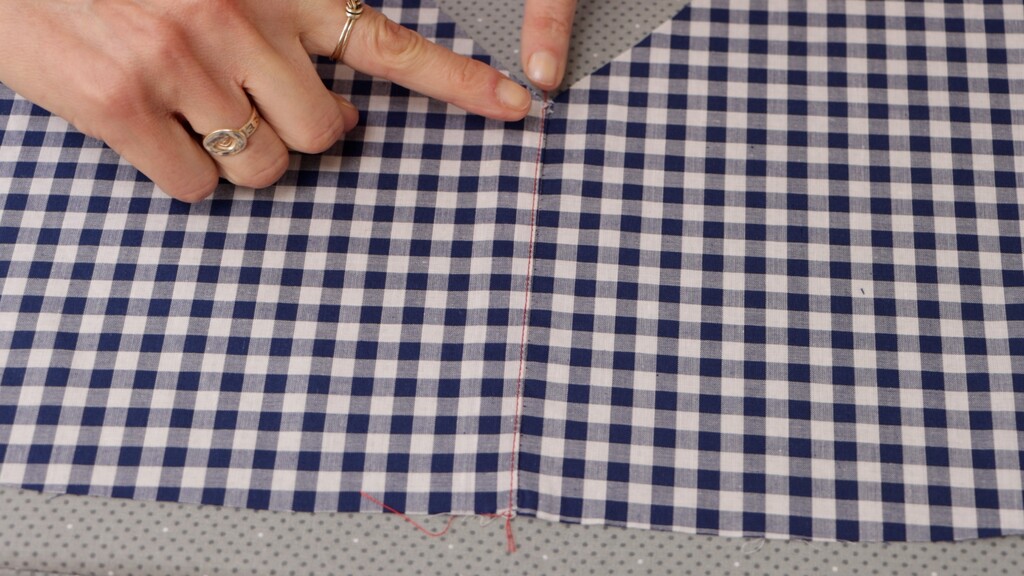 Finished center front seam showing perfectly matched stripes or checks using the lap-and-edgestitch method