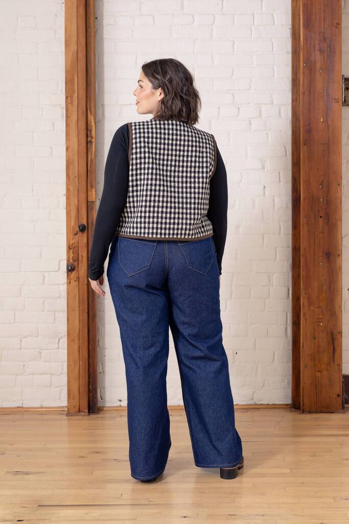 Moss vest on Morgan, back view