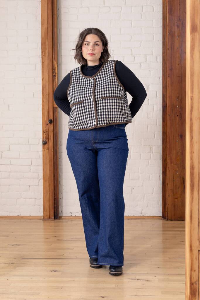 Woman modeling black and white checkered Moss vest