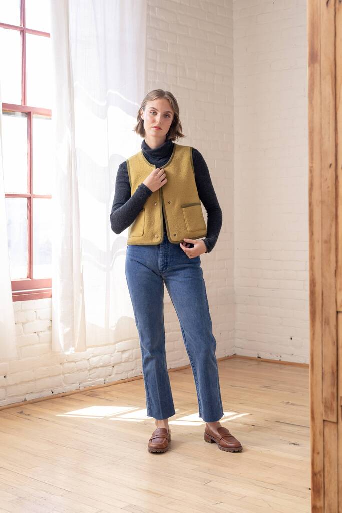 Woman modeling olive green Moss vest
