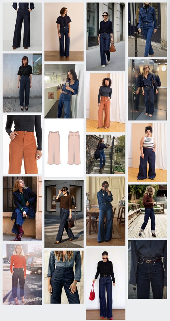 Paris street style inspiration collage featuring wide-leg dark denim