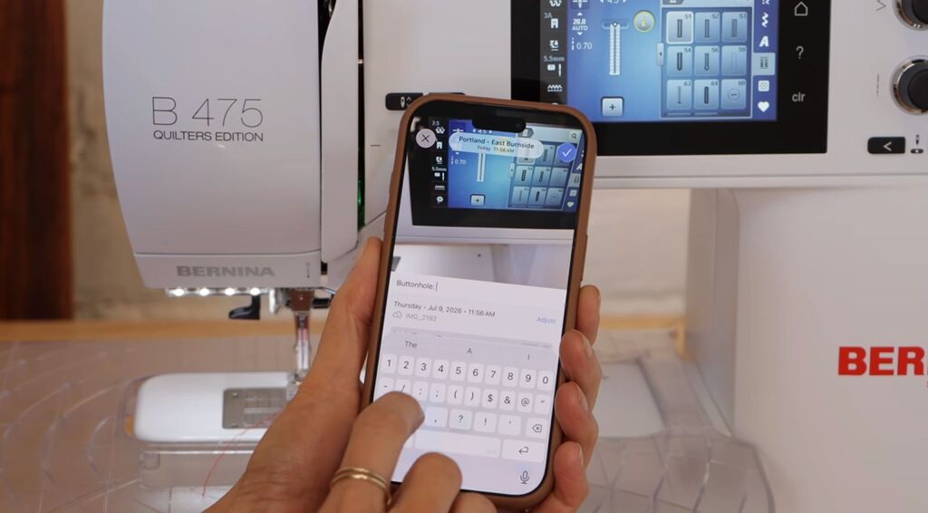 Sarai taking photos of sewing machine stitch settings with her phone
