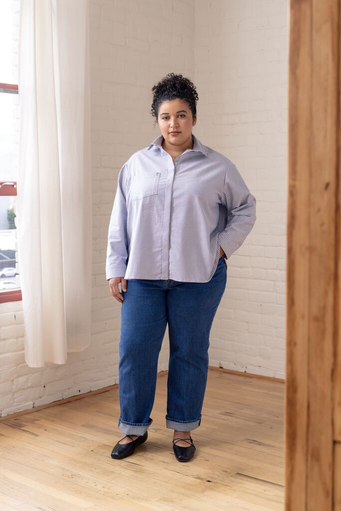 Model wearing a blue Grove bonus variation