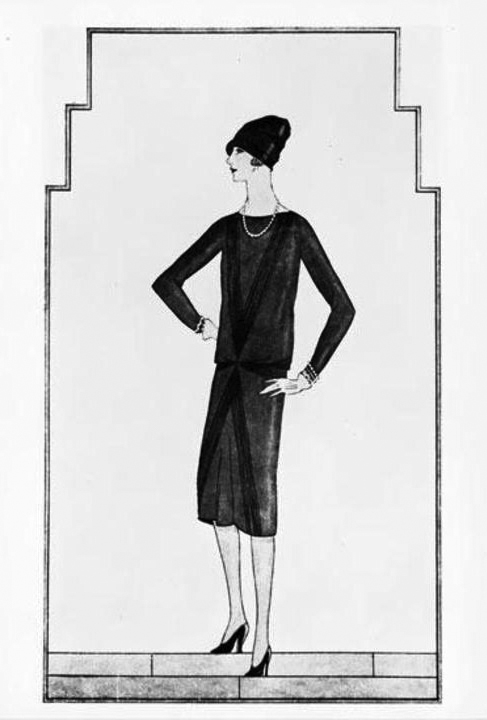 1940's Fashion Illustration Chanel Styled Woman In Chic Black Dress C.  1940's