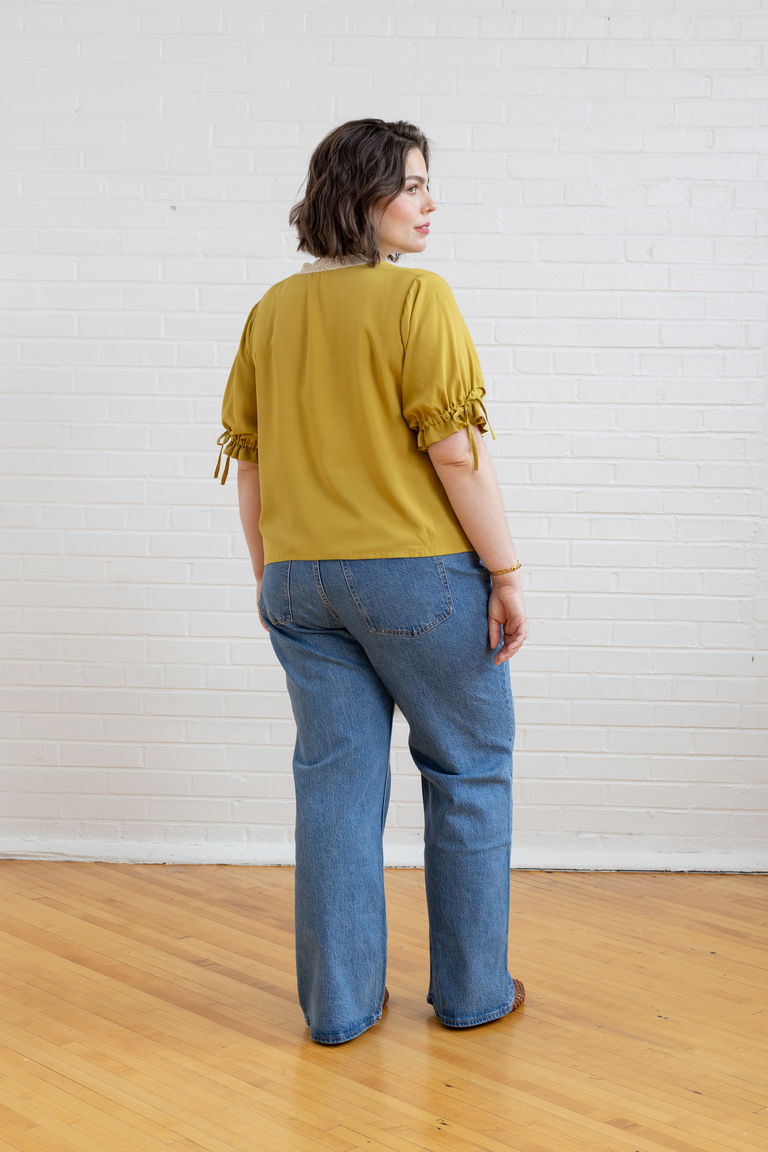 The Orchid Puff Sleeve Tie Front Top sewing pattern, from Seamwork