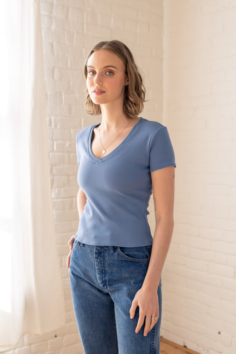 The Morgan Fitted V-Neck T-Shirt Member Bonus sewing pattern, from Seamwork